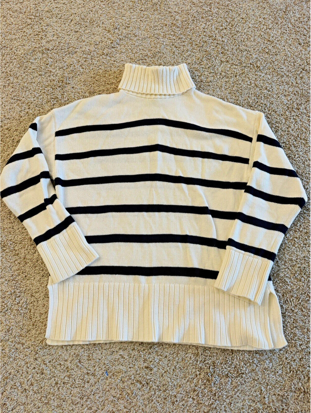 Old Navy Striped Turtleneck Sweater S Cream Navy 100% Cotton Oversized Preppy